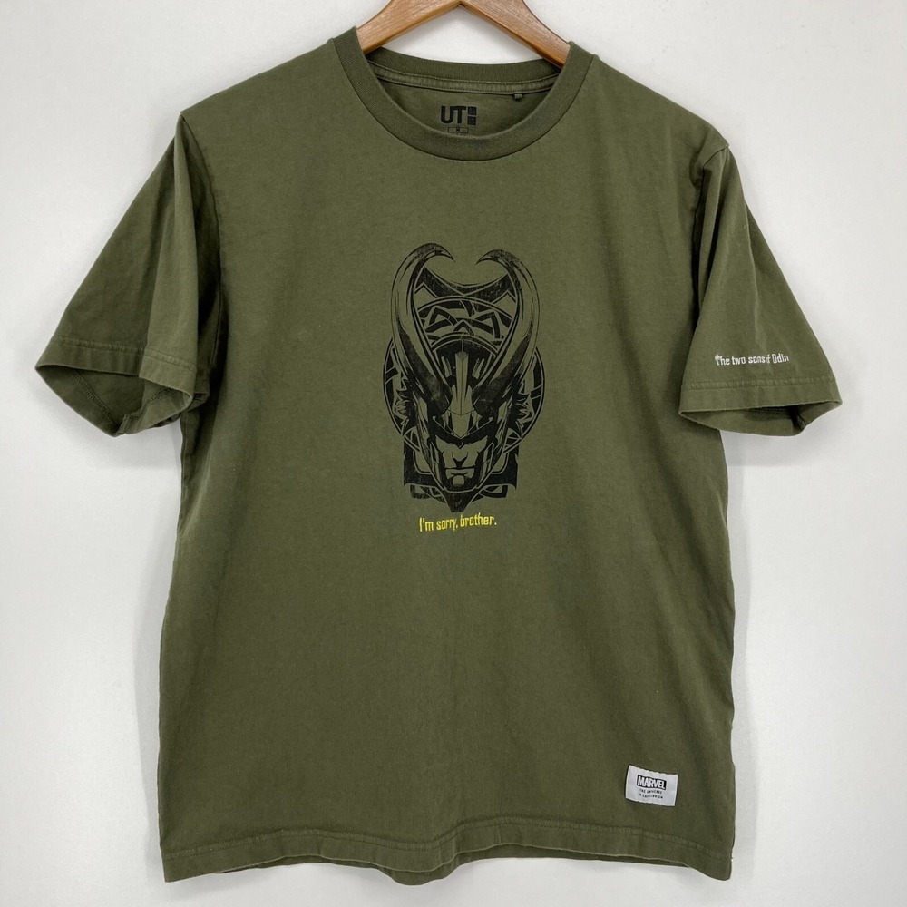 Uniqlo T-Shirt Men's M Green Marvel The Two Sons‎ Of Odin Short Sleeve Crew Neck